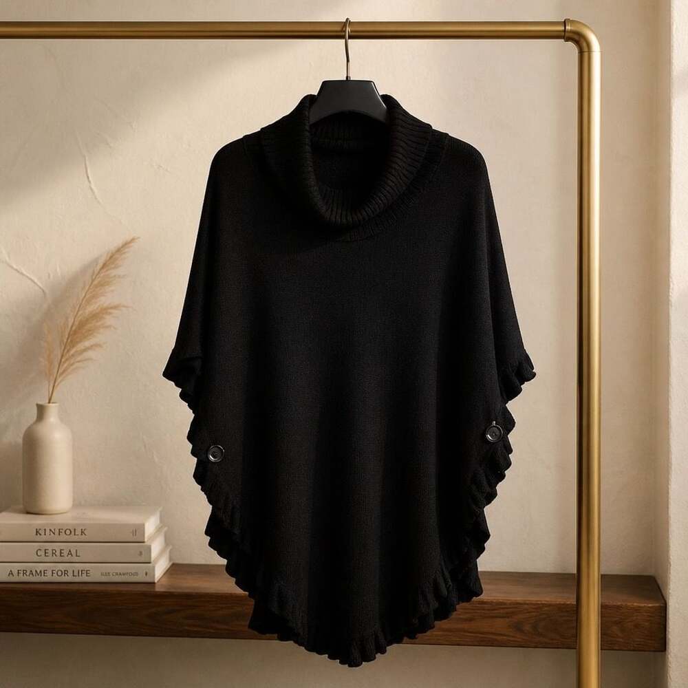 Joseph A. Black Knit Turtleneck Ruffle Poncho Size S #474